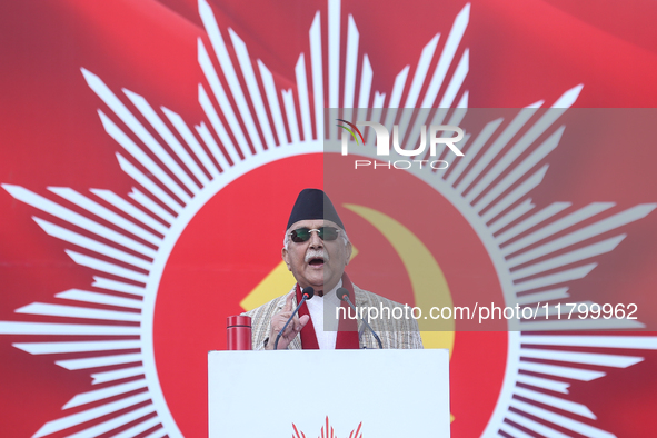 Nepal Prime Minister and chairman of CPN-UML (Communist Party of Nepal- Unified Marxist Leninist) KP Sharma Oli addresses a mass gathering i...