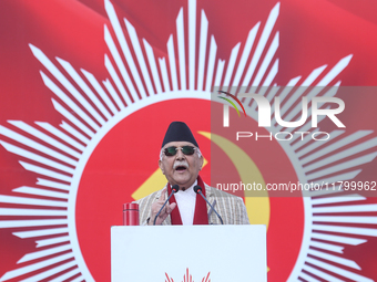 Nepal Prime Minister and chairman of CPN-UML (Communist Party of Nepal- Unified Marxist Leninist) KP Sharma Oli addresses a mass gathering i...