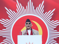 Nepal Prime Minister and chairman of CPN-UML (Communist Party of Nepal- Unified Marxist Leninist) KP Sharma Oli addresses a mass gathering i...