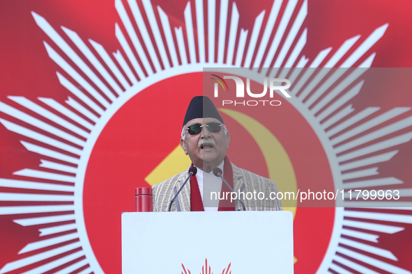 Nepal Prime Minister and chairman of CPN-UML (Communist Party of Nepal- Unified Marxist Leninist) KP Sharma Oli addresses a mass gathering i...