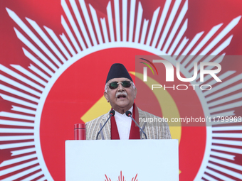 Nepal Prime Minister and chairman of CPN-UML (Communist Party of Nepal- Unified Marxist Leninist) KP Sharma Oli addresses a mass gathering i...