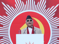 Nepal Prime Minister and chairman of CPN-UML (Communist Party of Nepal- Unified Marxist Leninist) KP Sharma Oli addresses a mass gathering i...