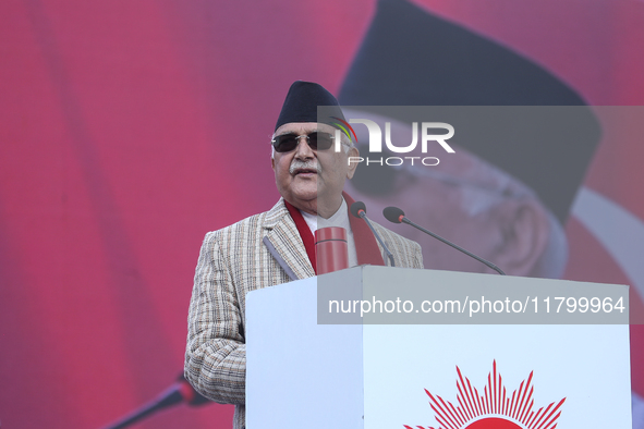 Nepal Prime Minister and chairman of CPN-UML (Communist Party of Nepal- Unified Marxist Leninist) KP Sharma Oli addresses a mass gathering i...