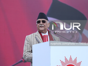 Nepal Prime Minister and chairman of CPN-UML (Communist Party of Nepal- Unified Marxist Leninist) KP Sharma Oli addresses a mass gathering i...