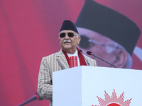 Nepal Prime Minister and chairman of CPN-UML (Communist Party of Nepal- Unified Marxist Leninist) KP Sharma Oli addresses a mass gathering i...