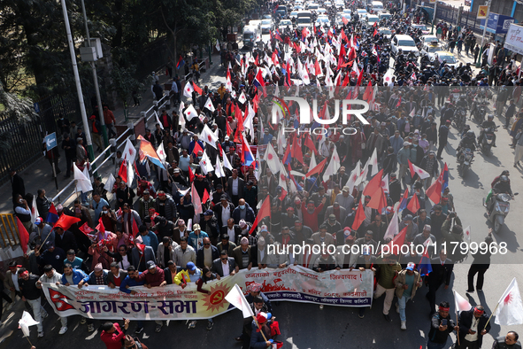 Cadres of the CPN-UML (Communist Party of Nepal- Unified Marxist Leninist) converge for a rally in Kathmandu, Nepal, on November 22, 2024. 