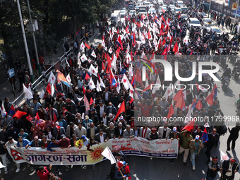 Cadres of the CPN-UML (Communist Party of Nepal- Unified Marxist Leninist) converge for a rally in Kathmandu, Nepal, on November 22, 2024. (