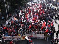 Cadres of the CPN-UML (Communist Party of Nepal- Unified Marxist Leninist) converge for a rally in Kathmandu, Nepal, on November 22, 2024. (