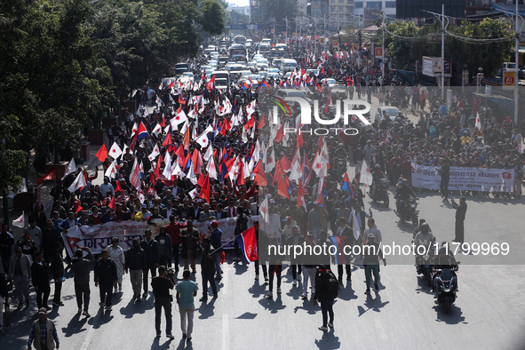 Cadres of the CPN-UML (Communist Party of Nepal- Unified Marxist Leninist) converge for a rally in Kathmandu, Nepal, on November 22, 2024. 