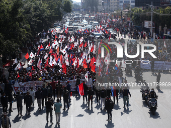 Cadres of the CPN-UML (Communist Party of Nepal- Unified Marxist Leninist) converge for a rally in Kathmandu, Nepal, on November 22, 2024. (