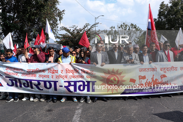 Cadres of the CPN-UML (Communist Party of Nepal- Unified Marxist Leninist) converge for a rally in Kathmandu, Nepal, on November 22, 2024. 