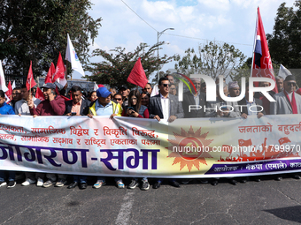 Cadres of the CPN-UML (Communist Party of Nepal- Unified Marxist Leninist) converge for a rally in Kathmandu, Nepal, on November 22, 2024. (