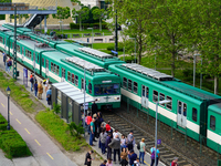 Passengers queue to board the suburban train at the Mupa-Nemzeti Szinhaz station in Budapest, Hungary, on May 19, 2023. The station is locat...