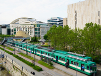 A suburban train stops at the Mupa-Nemzeti Szinhaz station in Budapest, Hungary, on May 19, 2023. Located near the Mupa cultural center and...