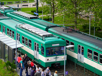 Passengers queue to board the suburban train at the Mupa-Nemzeti Szinhaz station in Budapest, Hungary, on May 19, 2023. The station is locat...