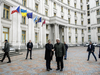 Ukraine's Foreign Minister Andrii Sybiha and Czech Republic's Foreign Minister Jan Lipavsky shake hands before a joint press conference in K...