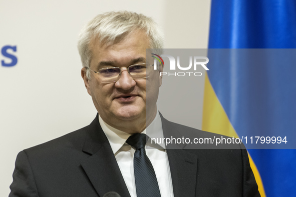 Ukraine's Foreign Minister Andrii Sybiha speaks at a joint press conference with Czech Republic's Foreign Minister Jan Lipavsky in Kyiv, Ukr...