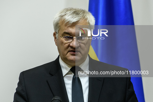 Ukraine's Foreign Minister Andrii Sybiha speaks at a joint press conference with Czech Republic's Foreign Minister Jan Lipavsky in Kyiv, Ukr...