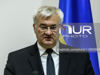 Ukraine's Foreign Minister Andrii Sybiha speaks at a joint press conference with Czech Republic's Foreign Minister Jan Lipavsky in Kyiv, Ukr...