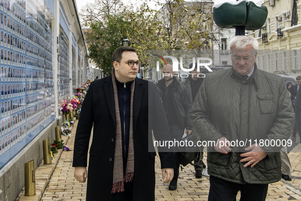 Ukraine's Foreign Minister Andrii Sybiha and Czech Republic's Foreign Minister Jan Lipavsky visit the Memory Wall of Fallen Defenders of Ukr...