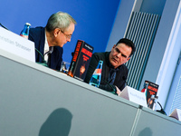 Author Klaus-Rudiger Mai and journalist Uwe Telkamp present the book 'Angela Merkel - Between Legend and Reality' at a press conference in B...