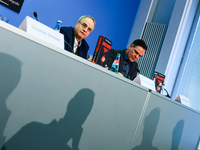 Author Klaus-Rudiger Mai and journalist Uwe Telkamp present the book 'Angela Merkel - Between Legend and Reality' at a press conference in B...