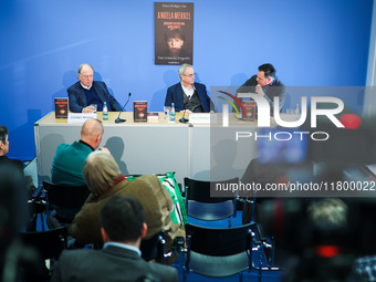 Publisher Christian Strasser, author Klaus-Rudiger Mai, and journalist Uwe Telkamp present the book 'Angela Merkel - Between Legend and Real...