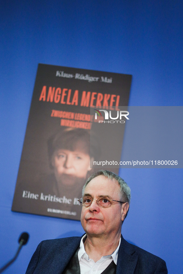 Author Klaus-Rudiger Mai presents his book 'Angela Merkel - Between Legend and Reality' at a press conference in Berlin, Germany, on Novembe...