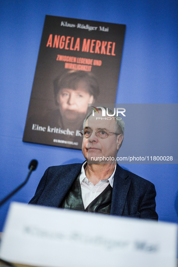 Author Klaus-Rudiger Mai presents his book 'Angela Merkel - Between Legend and Reality' at a press conference in Berlin, Germany, on Novembe...