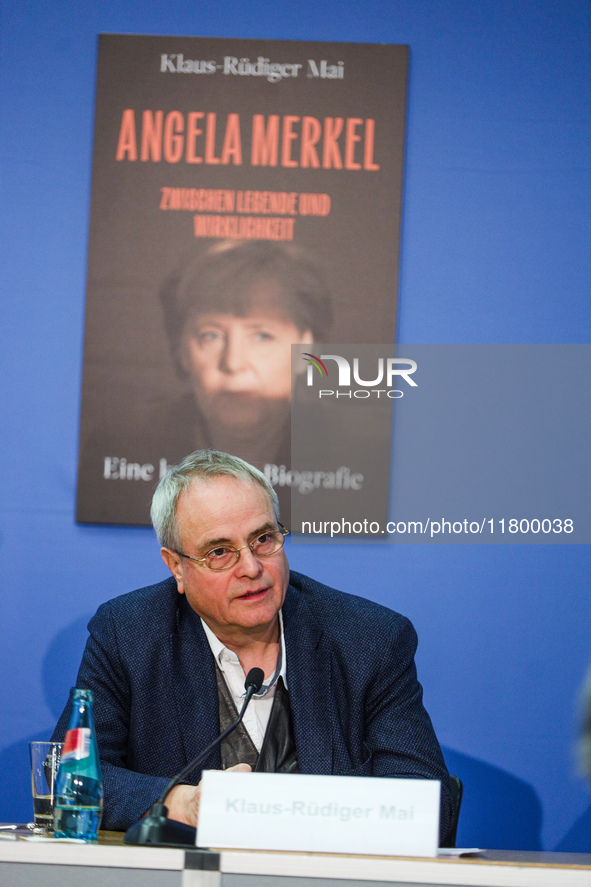 Author Klaus-Rudiger Mai presents his book 'Angela Merkel - Between Legend and Reality' at a press conference in Berlin, Germany, on Novembe...