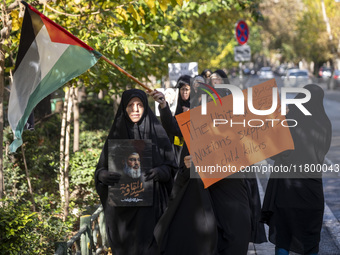 Veiled Iranian women carry a Palestinian flag and a placard while participating in an anti-Israeli rally in front of the United Nations (UN)...