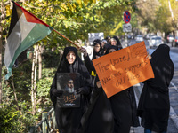 Veiled Iranian women carry a Palestinian flag and a placard while participating in an anti-Israeli rally in front of the United Nations (UN)...