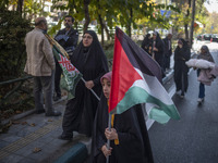 A veiled Iranian girl carries a Palestinian flag while participating in an anti-Israeli rally in front of the United Nations (UN) office in...