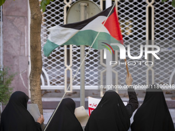 A veiled Iranian woman waves a Palestinian flag while participating in an anti-Israeli rally in front of the United Nations (UN) office in n...