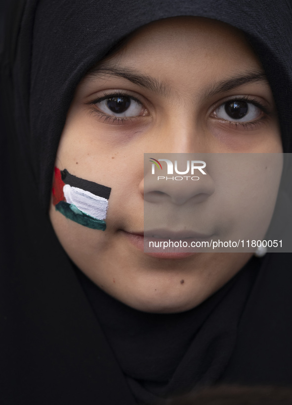 A veiled young Iranian girl with a painted Palestinian flag on her face looks on while participating in an anti-Israeli rally in front of th...