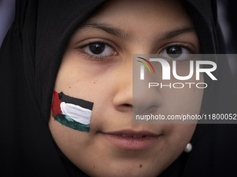 A veiled young Iranian girl with a painted Palestinian flag on her face looks on while participating in an anti-Israeli rally in front of th...