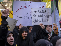 A veiled Iranian woman holds up an anti-UN placard while participating in an anti-Israeli rally in front of the United Nations office in nor...