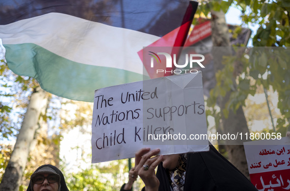 A veiled Iranian woman holds up an anti-UN placard while participating in an anti-Israeli rally in front of the United Nations office in nor...