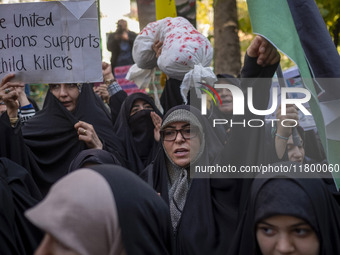 A veiled Iranian woman shouts anti-UN slogans while another woman holds up an anti-UN placard during an anti-Israeli rally in front of the U...