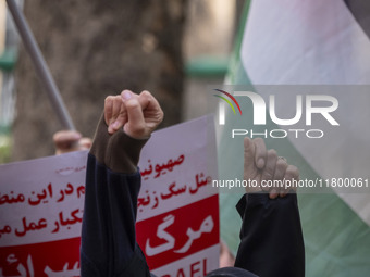 Veiled Iranian women shout anti-UN, anti-U.S., and anti-Israeli slogans during an anti-Israeli rally in front of the United Nations office i...