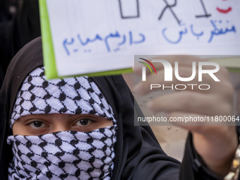 A veiled Iranian woman wearing a Palestinian scarf holds up an anti-Israeli placard that reads, ''Keep waiting, we are coming,'' during an a...