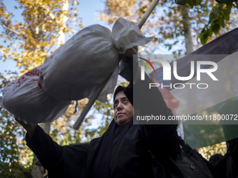 A veiled Iranian woman stands in front of a Palestinian flag while holding a package wrapped in a shroud, symbolizing the body of a Palestin...