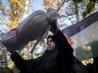 A veiled Iranian woman stands in front of a Palestinian flag while holding a package wrapped in a shroud, symbolizing the body of a Palestin...