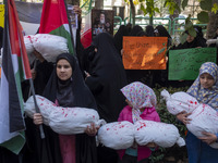 A veiled Iranian woman holds an anti-UN placard, while young girls hold packages wrapped in shrouds, symbolizing the bodies of Palestinian a...