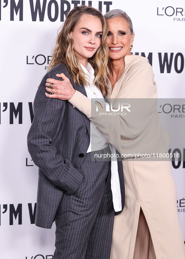 Cara Delevingne and Andie MacDowell arrive at the 19th Annual L'Oreal Paris' Women Of Worth Celebration 2024 held at NeueHouse Hollywood on...