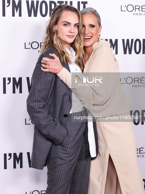 Cara Delevingne and Andie MacDowell arrive at the 19th Annual L'Oreal Paris' Women Of Worth Celebration 2024 held at NeueHouse Hollywood on...