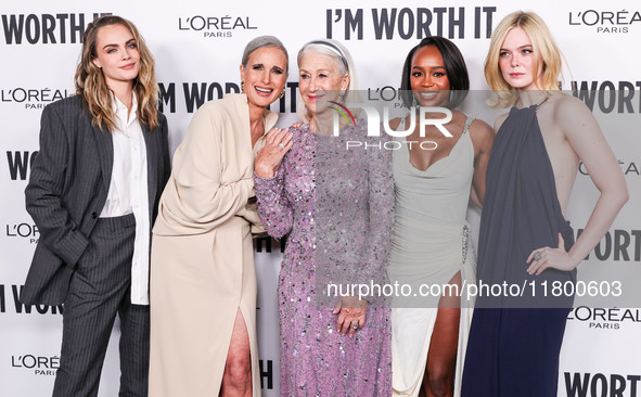 Cara Delevingne, Andie MacDowell, Helen Mirren, Aja Naomi King and Elle Fanning arrive at the 19th Annual L'Oreal Paris' Women Of Worth Cele...