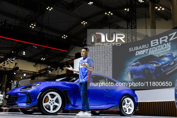 Ismail Ashlan, Marketing Communications Manager at Subaru Indonesia, explains the Subaru BRZ Drift Edition during The Gaikindo Jakarta Auto...