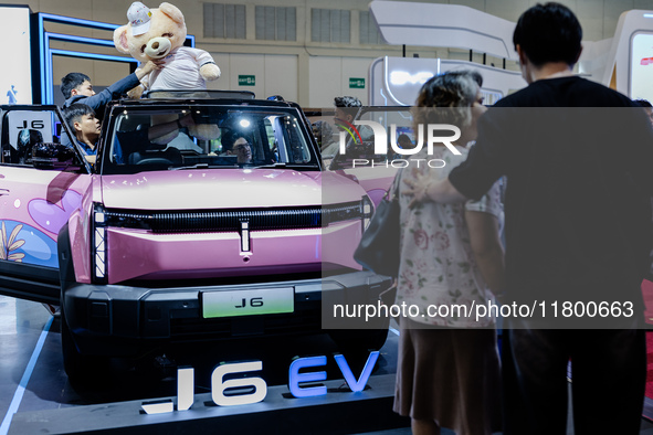 Chery J6 EV (Electric Vehicle) is displayed during The Gaikindo Jakarta Auto Week in Tangerang, Indonesia, on November 22, 2024. The show, t...