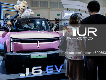 Chery J6 EV (Electric Vehicle) is displayed during The Gaikindo Jakarta Auto Week in Tangerang, Indonesia, on November 22, 2024. The show, t...